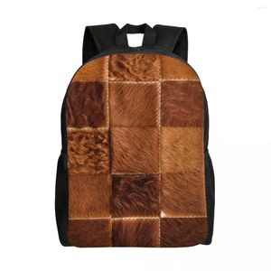 Backpack Brown Checkered Cowhide Patche School College Students Bookbag Fits 15 Inch Laptop Animal Fur Leather Texture Bags