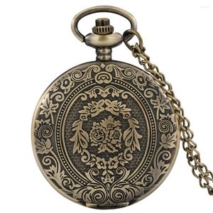 Relógios de bolso bronze vintage flores relógio caso quartzo analógico colar masculino feminino algarismos árabes dial retro pingente relógio presentes