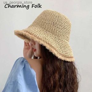 Wide Brim Hats Bucket Hats 2021 Womens Str Hat Chinese Str Hat Panamas UV Protection Sunshade Beach Hat Womens Foldable Sunshade Hat Y240320