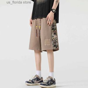 Męskie szorty Summer American Retro Shorts Męscy cienki haftowane modne luźne spodnie punkowe styl strtwear duże swobodne spodnie sportowe Y240320