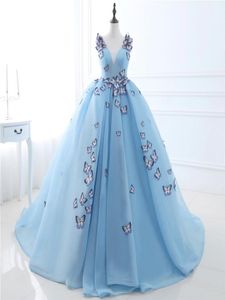 2019 en yeni açık mavi quinceanera elbiseler stokta kelebek aplikeler 100 gerçek po uzun resmi balo gece elbiseleri vestido l7113442