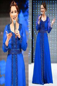 Royal Blue Chiffon Celebrity Party Evening Gowns with Beaded Long Sleeves Plus Size Prom Dresses A Line Bride Dress1270601