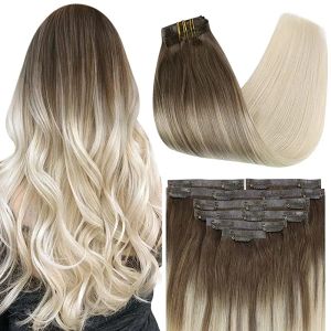 Extensions vesunny pu clip i hårförlängningar blond balayage 7 st/set 130g klipp på riktiga mänskliga hårförlängningar sömlöst klipp på dubbel inslag