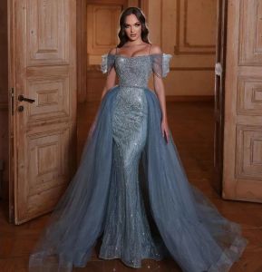 Dusty Off Shoulder Blue Spaghetti Straps Prom Dresses Sequined Evening Dress Custom Made with Overskrit Floor Length Party Gown