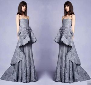 Elegante neue 2020-Kollektion, lange graue Abendkleider mit 3D-Blumenverzierungen, Spitze, trägerloser Ausschnitt, Pageant-Partykleid Gown2395058