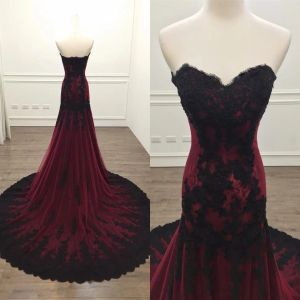 Bourgogne Velvet Black Lace Mermaid Prom Dresses Strapless Modern Elegant Formal Evening Gowns Vestido de Novia Women Formal