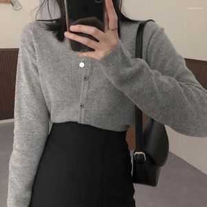 Women's Knits Korean Style Spring Simple Line Base Round Neck Female Slim Fit Kit Cardgun