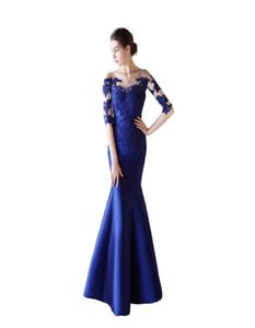 Half Sleeves Satin Mermaid Evening Dresses with Lace Appliques 2019 Sheer Neck Long Evening Gowns Button Back Prom Dresses Royal B9848896