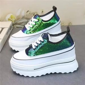 Casual Shoes Shallow Breathable Sequins Super High Heel Lace Up Small White Matsutake Sole Large Women's Single Zapatillas