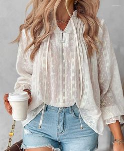 Women's T Shirts Long Sleeved Stand Up Collar With Tassels And Lace Details At The Hem. Rose Girl T-Shirt Quick Hair