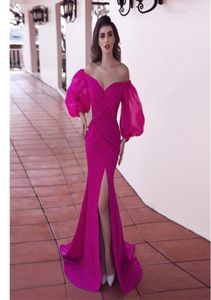 Attractive Fuchsia Mermaid Prom Dresses Off The Shoulder Side Split Evening Gowns Plus Size Sweep Train Long Sleeves Formal Dress9580608