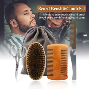 Escova de barbear profissional escova de cerdas de javali macio escova de barba de madeira pente para homens barbeiro bigode pente kit com saco de presente pente de cabelo conjunto