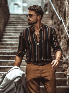 Мужские повседневные рубашки 2024, модная полосатая рубашка, мужская тонкая разноцветная блузка с длинными рукавами с лацканами, мужские однобортные топы в бенгальскую полоску
