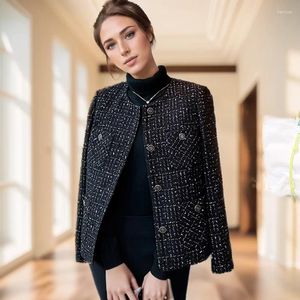 Giacche da donna di alta qualità 2024 lusso francese piccolo profumato lana grossa plaid tweed giacca nera cappotto girocollo in seta lucida
