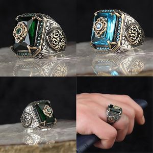 Anello in oro 14 carati con sigillo turco fatto a mano vintage per uomo donna Anello con aquila intagliata antica zircone verde intarsio motociclista punk