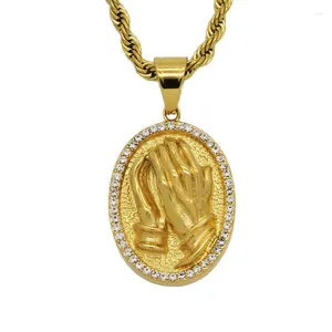 Anhänger Halsketten Hip Hop Bling Iced Out Edelstahl Betende Hand Oval Anhänger Für Männer Rapper Schmuck Drop