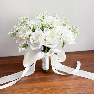 Fiori matrimonio Grande bouquet da sposa Rose bianche Seta artificiale Baby Breath Nuziale Damigelle d'onore Gypsophila Mariage Accessori 24 cm