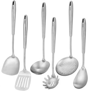 304 Stainless Steel Utensils Set, 6 Pcs Metal Professional Cooking Spoons, Kitchen Tools - Wok Spatula, Ladle, Skimmer Pasta Serving Large Spoon, Slotted