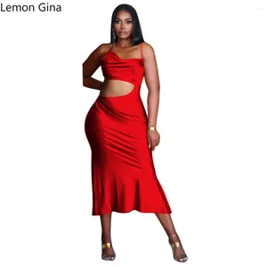 Casual Dresses Lemon Gina 2024 Spring Fashion Women Spaghetti Strap Pile Collar Ruffles Hem Satin BodyCon Midi Long Sexy Partyclubdress