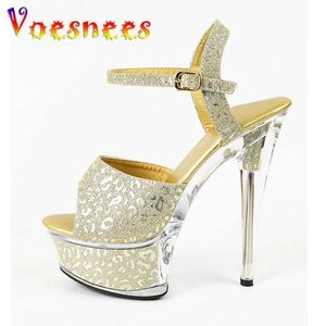 Sapatos de vestido Mulheres New Golden Emboss Salto Alto Ankle Strap Gladiator Sandálias 15cm Stiletto Party 2023 Grosso Bottom Stage Execute Bombas H240325