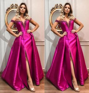 Dubai Arabic Fuchsia Off The Shoulder Evening Dresses 2019 Satin Side Split Pärlad sjöjungfrun PROM -klänning med löstagbar kjol3260963