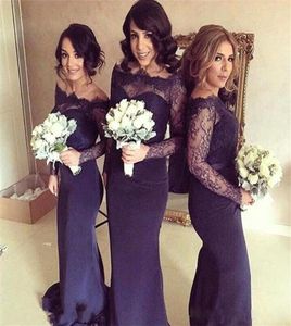 Dark Navy Blue Off Shoulder Lace Long Sleeve Bridesmaid Dresses For Wedding Mermaid Golvlängd Maid of Honor Gowns Formell klänning7914552