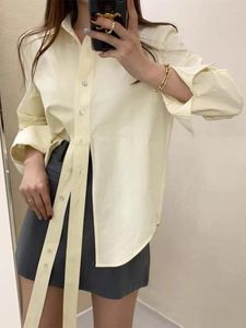 Camicette da donna SuperAen 2024 Coreano Chic Primavera Stile Elegante Colletto Flip Design Unico Cravatta Camicia a maniche lunghe divisa