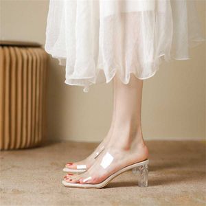 Новые пикантные прозрачные сандалии на высоком каблуке, женские летние сандалии, женская обувь с толстым стеклом и кристаллами, тапочки 240228