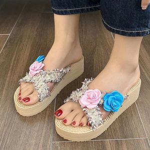 Slippers Flower Womem Wedges Shoes Casual Cozy 2024 Summer Fashion Sandals Trend Beach Dress Flip Flops Walking Femme Slides