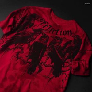 Magliette da uomo in cotone gotico punk lettera modello corvo stampato T-shirt rossa oversize da uomo Y2k Baggy moda stile scuro top a maniche corte