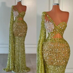 Green mermaid evening dresses elegant sequins pearls promdress illusion bodice glitter formal dresses for special occasions sweep train robe de soiree