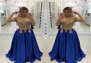 Sexy Royal Blue With Gold Lace Beads Evening Dresses Caftan Formal Gowns Illusion Long Sleeves Sequins Satin Prom Pageant Dress pl8202095