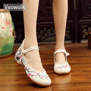 Wohnungen Veowalk Chinesische Vögel und Blumengestickte Frauen Leinwand Ballett Flats Vintage Damen runden Zehen weiche Baumwolltanz -Wanderschuhe