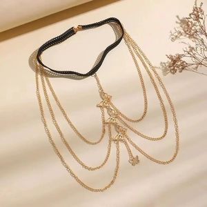 Anklets Personality Exaggerated European And American Sexy Elastic Rope Lace Multi Layer Golden Butterfly Leg Chain Gift