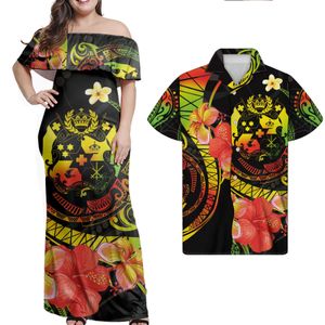 Atacado roupas tonga conjunto de casal polinésio impressão sob demanda personalizado maxi plus size vestidos femininos combinando camisas masculinas moq 1