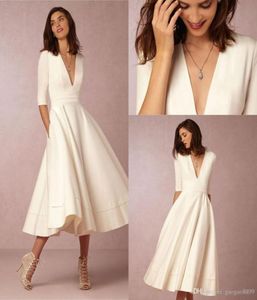 2019 New BHLDN New Fashion Tealength Vintage Wedding Dresses With Half Sleeve Vneck Custom Make Short Beach Party Bridal Wedding1782307