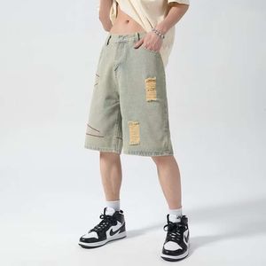 Shorts, jeans, mäns 2023 personlig sömnad designtrend, nödställd känsla, high street vibe stil med femdelar byxor