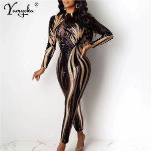 Sexig se genom svart paljett bodycon jumpsuit kvinnor sommar födelsedagsfest klubb kläder jumpsuits långärmad bodysuit overalls 240311