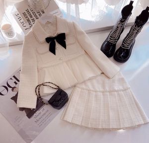 Lady style children clothes sets kids Bows tie beaded lapel lace falbala hem long sleeve trench coat pleated skirt 2pcs INS girls princess outfits Q8803