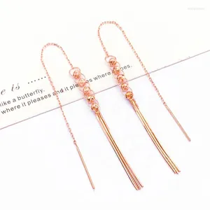 Dangle Earrings 585 Purple Gold Plated 14K Rose Long Geometric Beaded Tassel For Women Exquisite Ear Line Engagement Jewelry