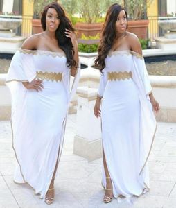 White Chiffon Gold Lace Beads Aso Ebi Evening Prom Dress Off the shoulder with Sleeves Plus size Special Occasion Formal Dress6554846