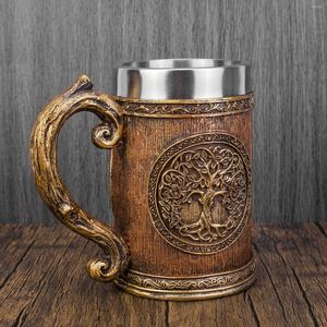 Mugs Nordic Tree Of Life Viking Mug Portable Stainless Steel Beer Cup Creative Retro Style Art Carving Drinks Water 600ml