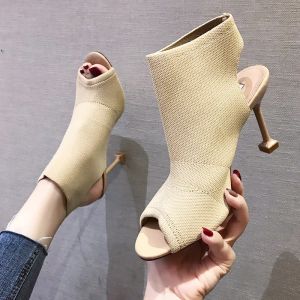 Boots Peep Toe Thin Heels High Heel sandals women 2019 Summer shoes woman Europe Open Toe Knitted Elastic Mesh ladies shoes female