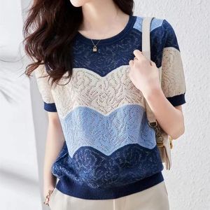 Women's T Shirts Fashionable Summer Dress Hollow Out Net Gauze Ice Silk Knit Short Sleeve Round Collar Shirt Thin Loose Top