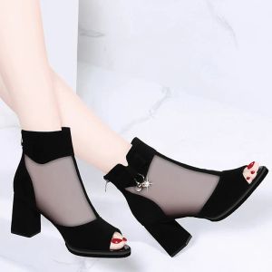 Sandals 2023 Summer Ladies sexy Mesh Shoes 2023 New Peep Toe Sandals Boots Women PU Leather Low Heels Back Zip Female Footware BLACK