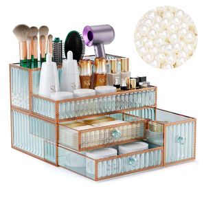 Youdepot Tempered Glass Makeup Organizer Elegant Vanity Storage for Cosmetics, Hair Tools, Brushes, Perfume - Multipurpose Bathroom Countertop Organizer.