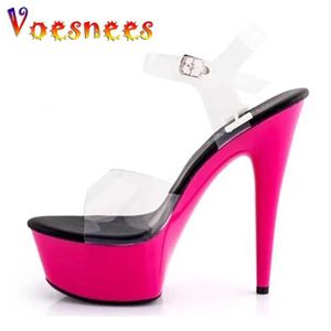 Dress Shoes 2022 Hot! Women Summer Sandals Platform Fashion Shows Sexy Transparent Crystal Slipper High Heel 15cm Plus-size 44 H240325