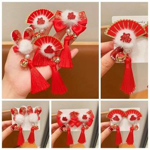 Hårtillbehör Plush Children Red Bow Hairpin All-Match Fan Tassel Hanfu Sticks Baby Headwear Cloth Chinese Year Girls