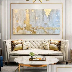 Paintings Nordic Wall Art Golden Oil Painting On Canvas Abstract Gold Blue Texture Large Salon Interior Home Decor Drop Delivery Gar Dhb2S