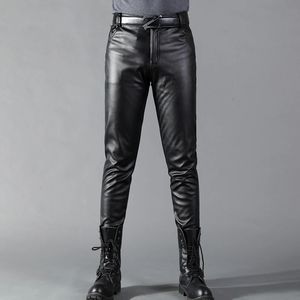 Mens Leather Pants Skinny Fit Elastic Fashion Pu Leather Bikers Byxor Nattklubb Party Dance Pants Thin 240312